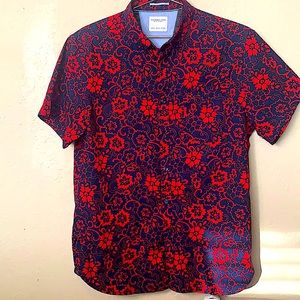 Men Denim & Flower Button Up Shirt Blue Floral Print